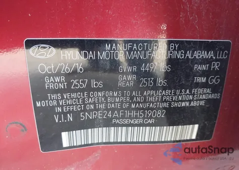 2017 Hyundai Sonata z USA, uszkodzony, nr VIN 5NPE24AF1HH519082